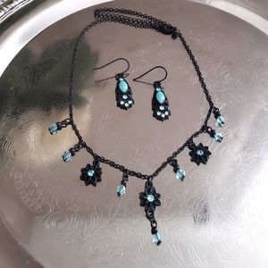 Black and Blue Flower Beaded Necklace and Earring Set, Vintage Costume Jewelry
